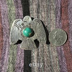 1910s Thunderbird Big Large Pendant Turquoise Fred Harvey Green Necklace Silver