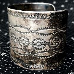 1920s Fred Harvey Silver Stamped Cuff Bracelet Big Size Extra Wide Rolled Ingot