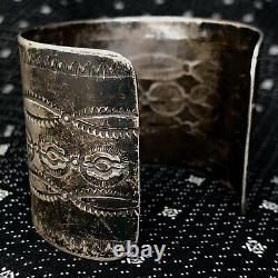 1920s Fred Harvey Silver Stamped Cuff Bracelet Big Size Extra Wide Rolled Ingot
