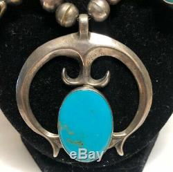 1930 Fred Harvey Era Old Pawn Sterling Silver Turquoise Squash Blossom Necklace
