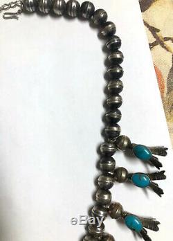 1930 Fred Harvey Era Old Pawn Sterling Silver Turquoise Squash Blossom Necklace