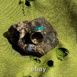 1930 Heavy Ingot Silver Navajo Ring VIVID BLUE Turquoise TAB FRED HARVEY ERA OLD