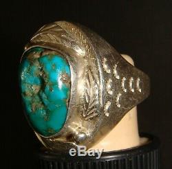 1930's Navajo Fred Harvey Era Silver/Blue Gem Turquoise Men's Ring Size 11