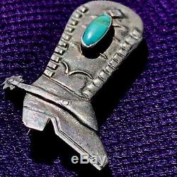 1930s Blue Turquoise Cowboy Boot Pin Brooch Silver Fred Harvey Pawn Cute Pawn