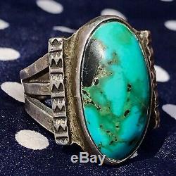 1930s Mens Vivid Blue Green Turquoise Oval Stamped Ingot Silver Ring Fred Harvey