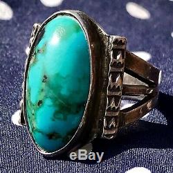 1930s Mens Vivid Blue Green Turquoise Oval Stamped Ingot Silver Ring Fred Harvey