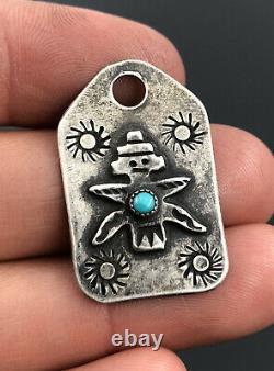 1940's Fred Harvey Era Navajo Stamped Sterling Silver Turquoise Kachina Pendant