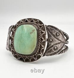 1940s Fred Harvey Era Navajo Sterling Silver Stamped Turquoise Cuff Bracelet