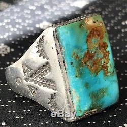 1940s Mens Big Blue Long Vivid Royston Turquoise Fred Harvey Heavy Silver Ring