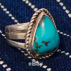 1940s Mens Dark Blue Turquoise Ingot Pawn Navajo Antique Fred Harvey Silver Ring