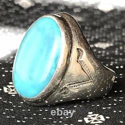 1940s Mens Vivid Blue Turquoise Oval Heavy Old Fred Harvey Silver Heavy Old Ring