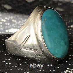 1940s Mens Vivid Blue Turquoise Oval Heavy Old Fred Harvey Silver Heavy Old Ring