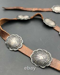 1940s Navajo Fred Harvey Era Sterling Silver Stamped Concho Leather Hatband Belt