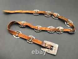 1940s Navajo Fred Harvey Era Sterling Silver Stamped Concho Leather Hatband Belt