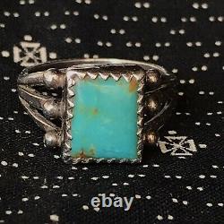 1940s Small Blue Turquoise Square Pawn Navajo Antique Fred Harvey Silver Ring