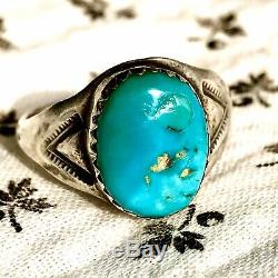 1940s Vivid Blue Turquoise Navajo Small Oval Stamped Silver Ring FRED Harvey Old