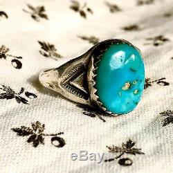 1940s Vivid Blue Turquoise Navajo Small Oval Stamped Silver Ring FRED Harvey Old