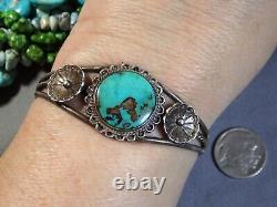 1970s NAVAJO Natural ROYSTON TURQUOISE Sterling Silver FLOWERS Cuff Bracelet
