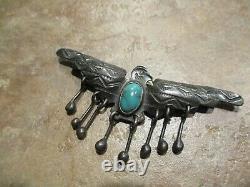 2 5/8 VERY OLD NAVAJO INDIAN MADE Coin Silver Turquoise THUNDERBIRD Pin