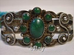 35gm Fred Harvey Era ZUNI Natural Nevada TURQUOISE Cluster STERLING Silver CUFF
