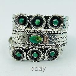 3 Fred Harvey Era Green Turquoise Silver Stamped Cuff Bracelets Whirling Log