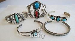 5 vintage Navajo sterling silver coral turquoise cuff bracelet lot Fred Harvey