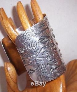 AMAZING Fred Harvey Era EXTRA WIDE Navajo Sterling Silver Stamped Cuff Bracelet