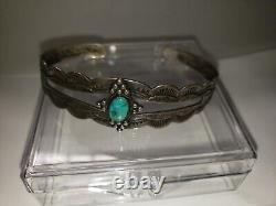 AS IS Blue Turquoise Cuff Bracelet Stamped IH Coin Silver Navajo Fred Harvey Era