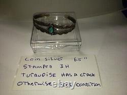 AS IS Blue Turquoise Cuff Bracelet Stamped IH Coin Silver Navajo Fred Harvey Era