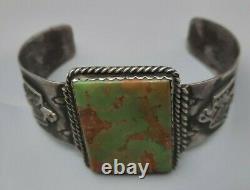 Antique Coin Silver Native American Green Turquoise Fred Harvey Wide Bracelet
