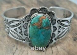 Antique Coin Silver Native American Turquoise Fred Harvey Wide Bracelet