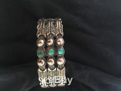 Antique Fred Harvey Coin Silver Stamped Turquoise Navajo Bangle Cuff