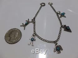 Antique Fred Harvey Era Turquoise Southwestern Sterling Silver Charm Bracelet