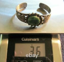 Antique Navajo Fred Harvey Era Green Turquoise Sterling Silver Cuff Bracelet 36g
