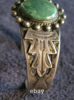 Antique Navajo Fred Harvey Era Green Turquoise Sterling Silver Cuff Bracelet 36g