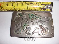 Antique Navajo Old Pawn Fred Harvey era sterling silver Eagle belt buckle inlay