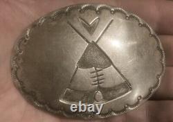 Antique Navajo Old Pawn Teepee Sterling Silver Belt Buckle Fred Harvey Era 3.5