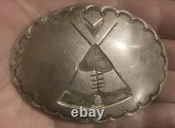 Antique Navajo Old Pawn Teepee Sterling Silver Belt Buckle Fred Harvey Era 3.5