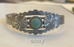 Antique Old Pawn Fred Harvey Era Navajo Turquoise Stamped Silver Cuff Bracelet