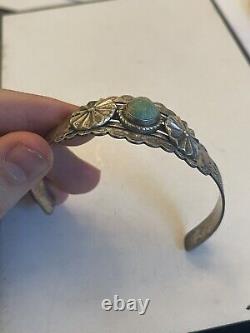 Antique Old Pawn Fred Harvey Era Navajo Turquoise Stamped Silver Cuff Bracelet