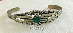 Authentic VINTAGE OLD PAWN, SILVER TURQUOISE NAVAJO Fred Harvey THUNDERBIRD CUFF