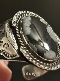 Best Vtg Sterling Silver Fred Harvey Old Pawn Obsidian Cuff Bracelet. 925
