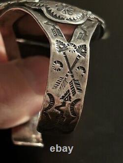 Best Vtg Sterling Silver Fred Harvey Old Pawn Obsidian Cuff Bracelet. 925