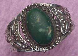 Big Stamped Fred Harvey Era Coin Sterling Silver Green Turquoise Cuff Bracelet