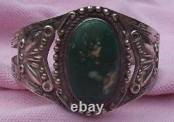 Big Stamped Fred Harvey Era Coin Sterling Silver Green Turquoise Cuff Bracelet