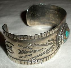 C1930 FRED HARVEY NAVAJO COIN SILVER CUFF BRACELET TURQUOISE ARROW STAMPS vafo