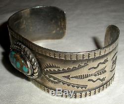 C1930 FRED HARVEY NAVAJO COIN SILVER CUFF BRACELET TURQUOISE ARROW STAMPS vafo