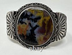 COOL Vintage Fred Harvey Era Stamped Navajo Sterling Silver Agate Cuff Bracelet