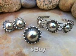 EARLY 40s FRED HARVEY NAVAJO OLD PAWN STERLING SILVER DOME BRACELET RING EARRING