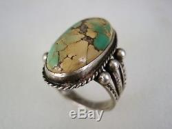 EARLY FRED HARVEY / NAVAJO STAMPED INGOT SILVER & WEBBED TURQUOISE RING sz 8